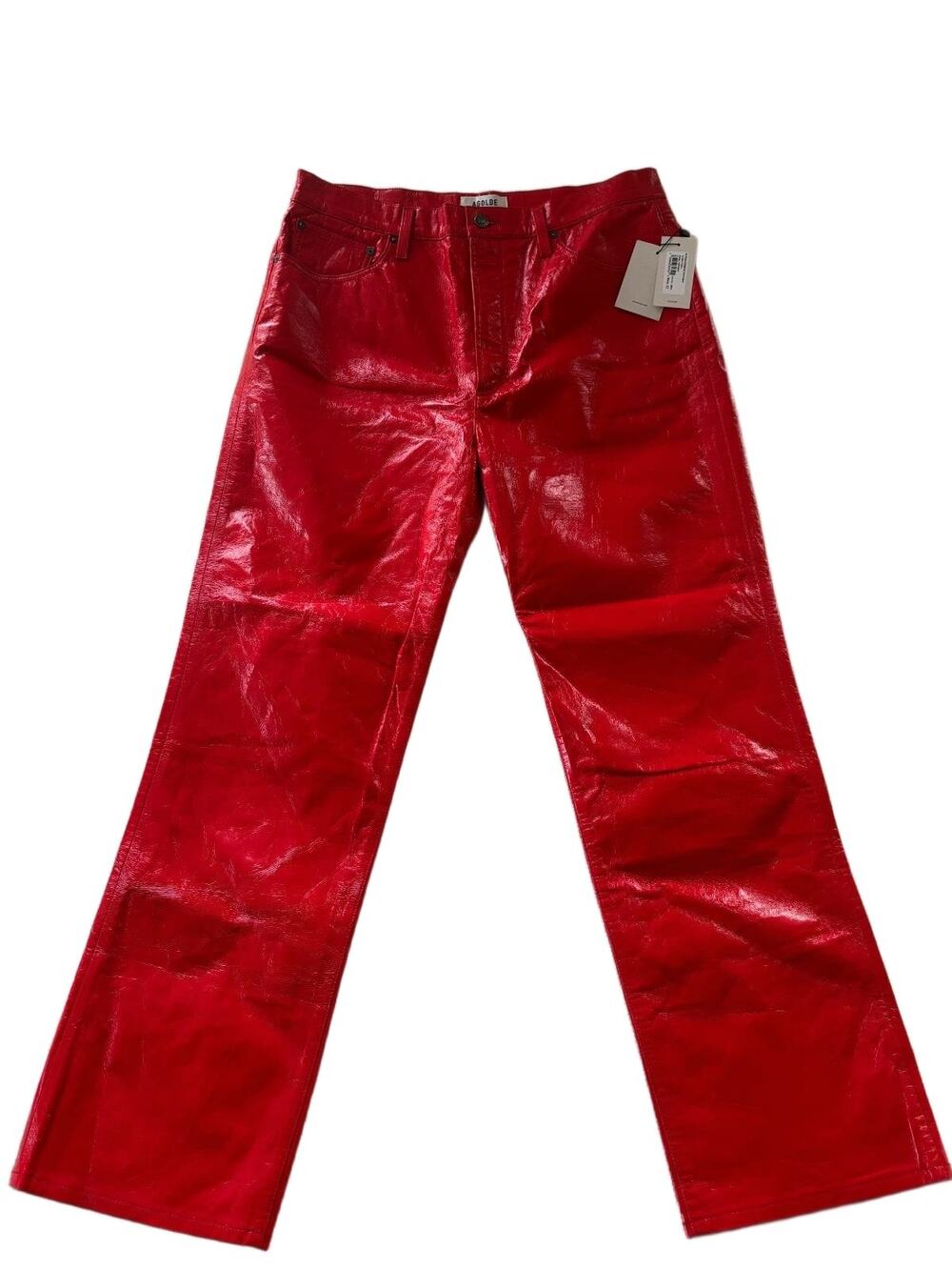 AGOLDE 90's Pinch Waist Recycled Leather Pants Chili Patent Red Size 32 NWT